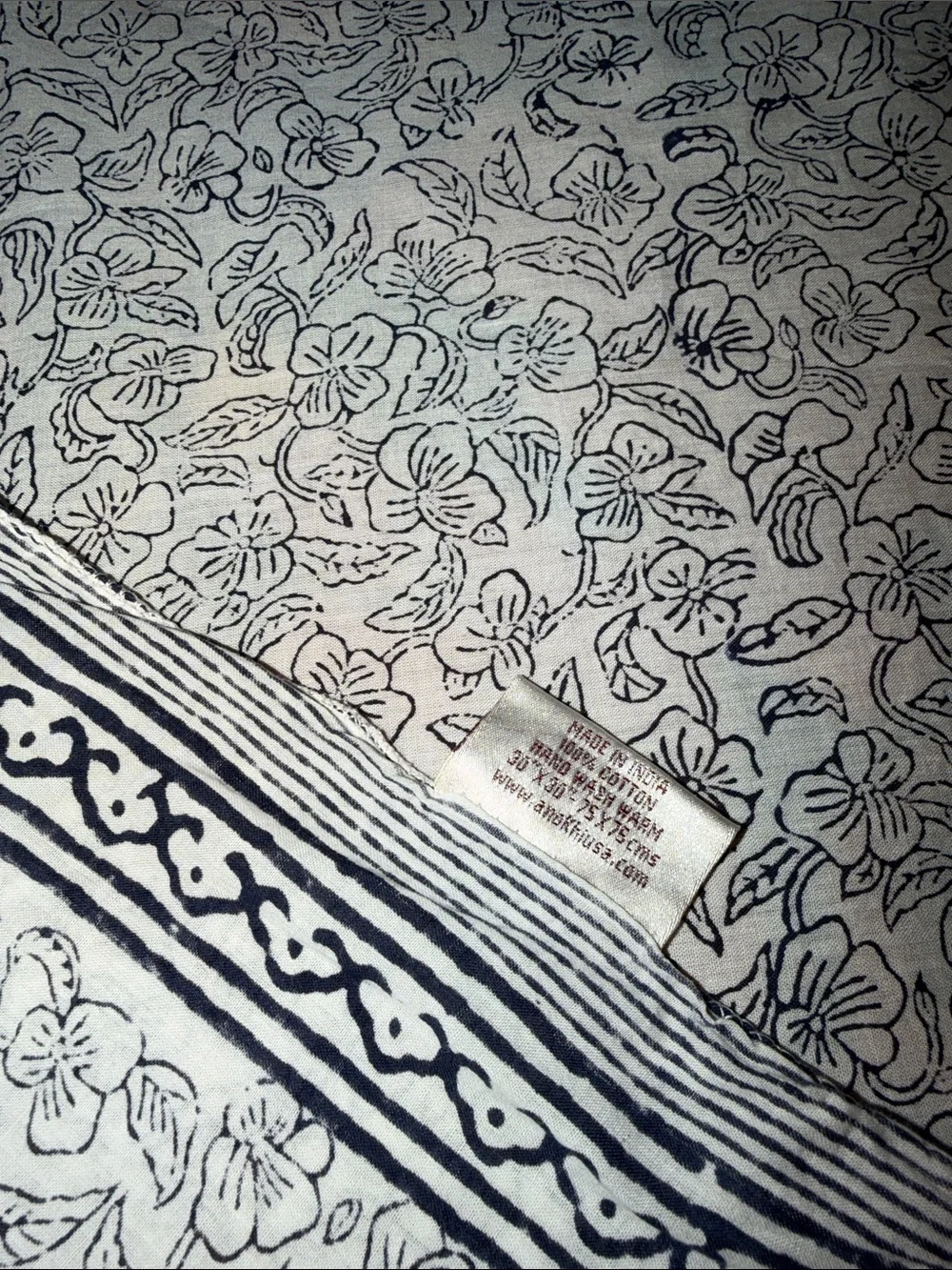 Light Blue and White Floral Block Print Scarf- ANOKHI 100% Cotton 30